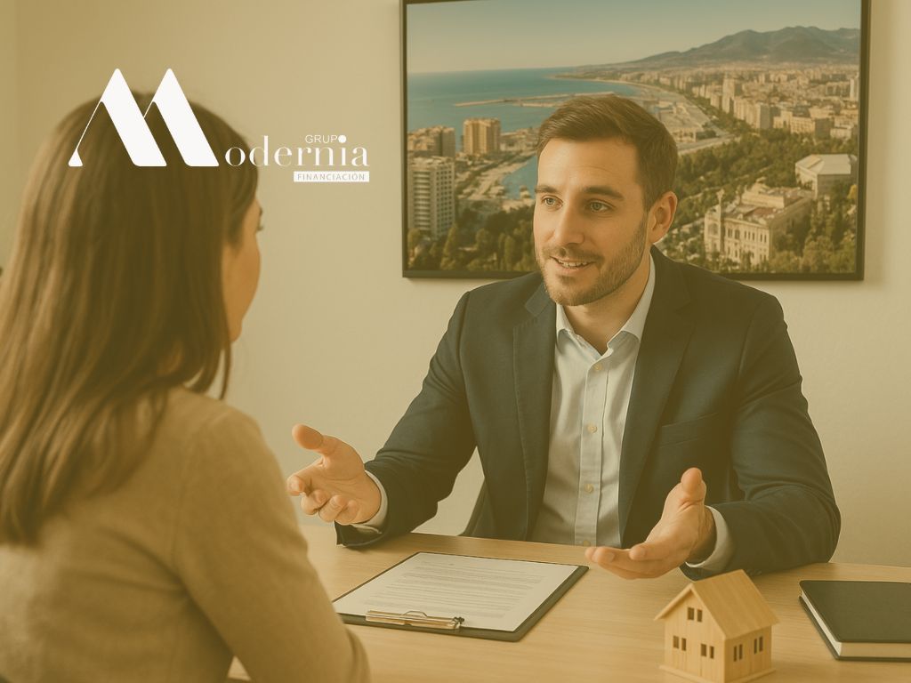 Agente inmobiliario profesional reunido con una clienta en una oficina luminosa, con vista de la costa de Málaga al fondo; ambos conversan sobre la venta de una propiedad, sentados frente a un escritorio ordenado.